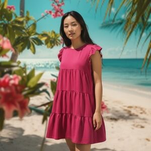 Kirundo Mini Red Dress Ruffle Sleeve Round Neck Flowy Pleated Women Size M